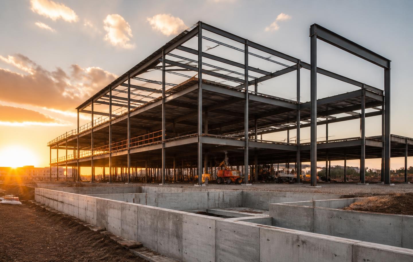 Commercial steel frame building under construction at sunset